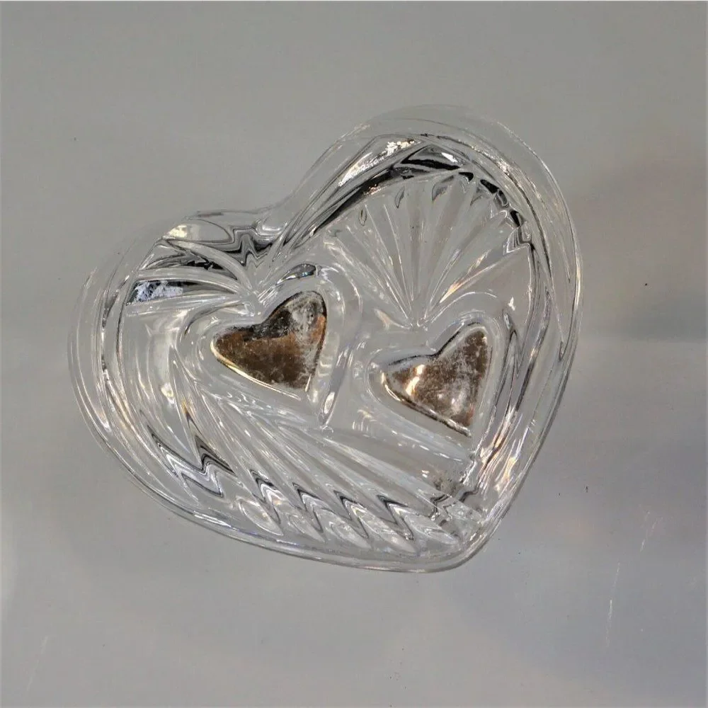 Vintage Trinket Dish Heart Shaped Starburst Crystal Cut Glass Jewelry Box